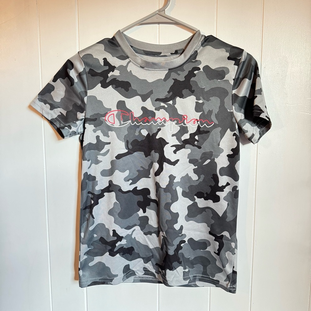 Champion Boys T-Shirt Camo Print Logo Tee Black Gray Red